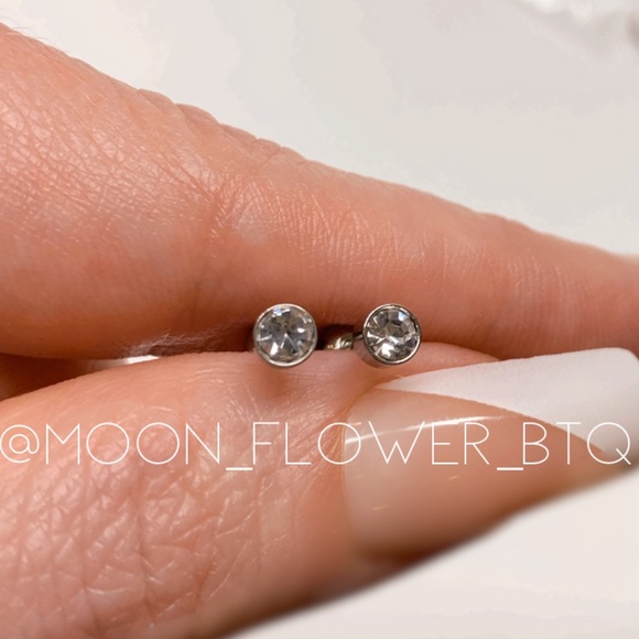 Tiny CZ Ball Back Barbell Earrings - Picture 2 of 8
